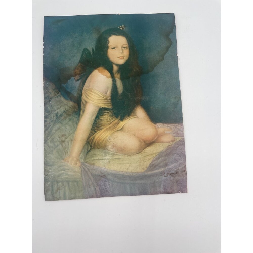 Vintage Water-Damaged Art Print Of Woman In Yellow Dress READ